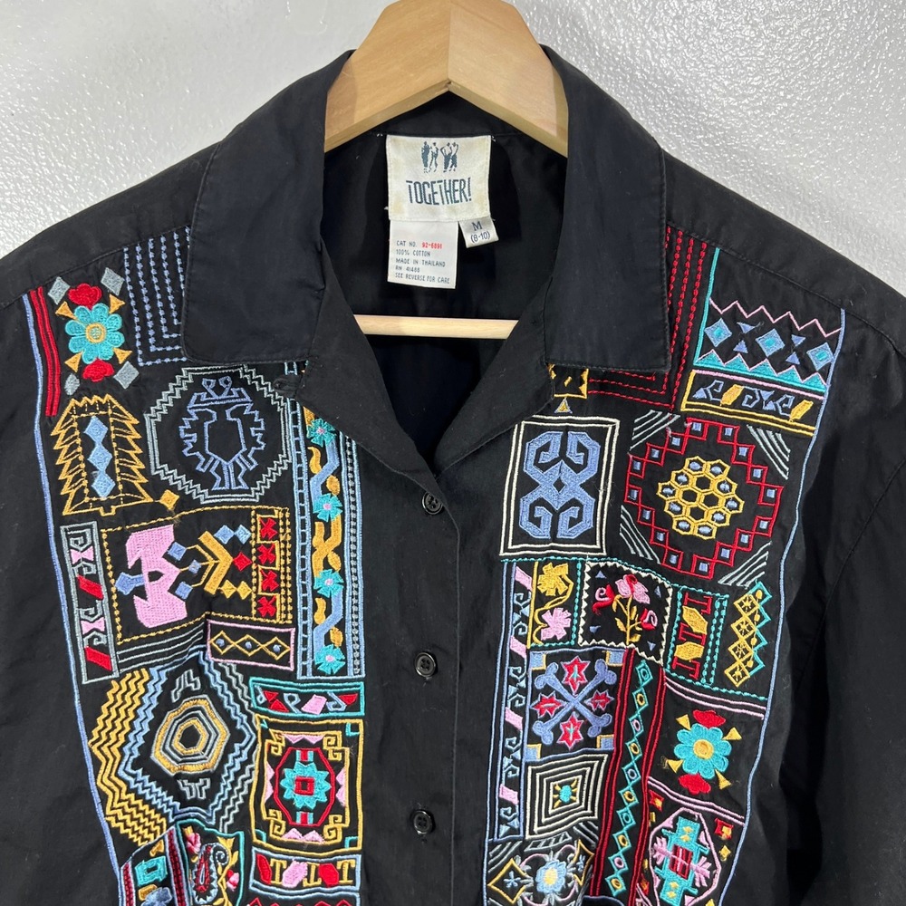 Vtg.TOGETHER! Black Button Up Shirt Medium Embroidered Boho Ethnic‎ Folk Artsy